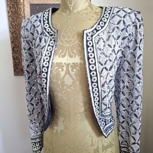 Vintage 90s Retro Glam Beaded Silk Cropped Jacket JKara New York Medium